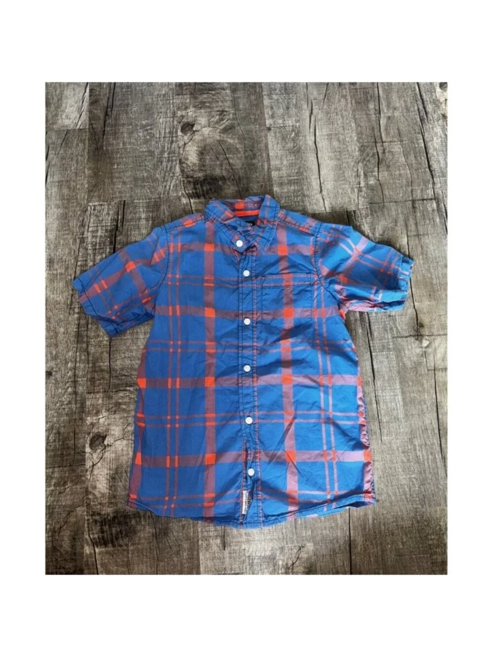 OshKosh Bgosh Boys Blue‎ Orange Plaid Short Sleeve Button Down Shirt Size 10